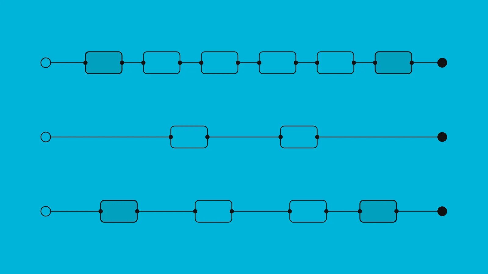 Three node pipelines drawn in ink on cyan. The top one has six nodes with conversion nodes at each end, the middle has two, and the bottom has four.