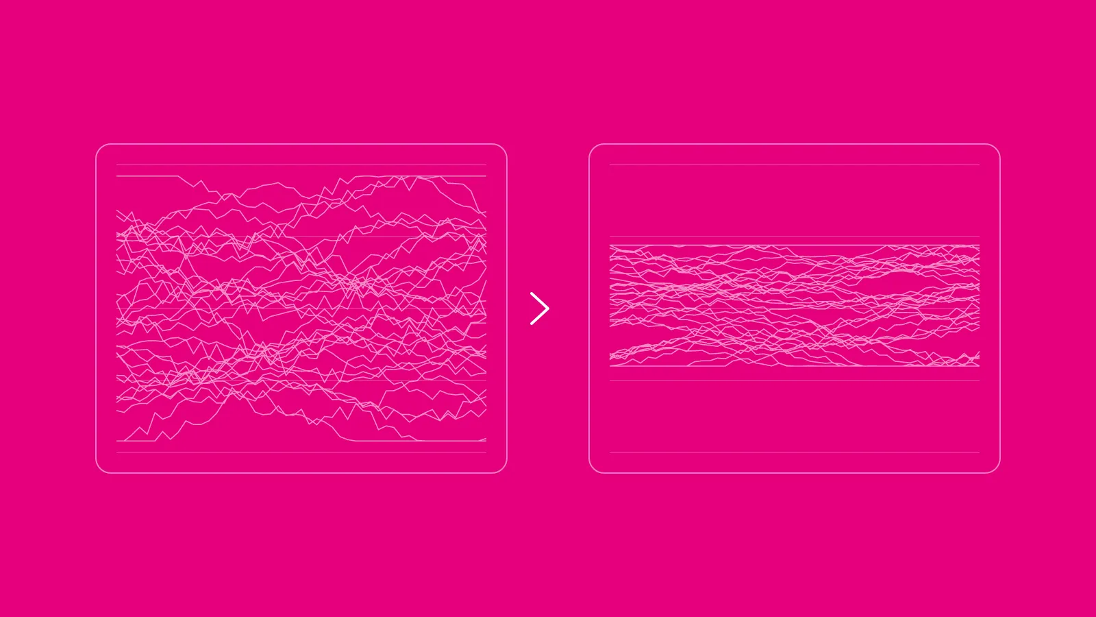 Two waveform panels on magenta. The left trace fills the whole height; the right one is squeezed into the middle, the way a washed-out export reads on a scope.