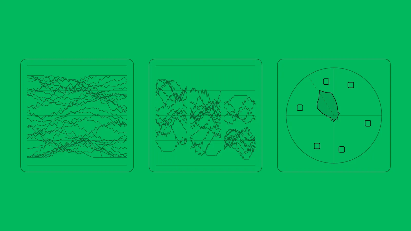 Three scope panels drawn in ink on green, a waveform, an RGB parade and a vectorscope with its six colour targets and a skin-tone trace.
